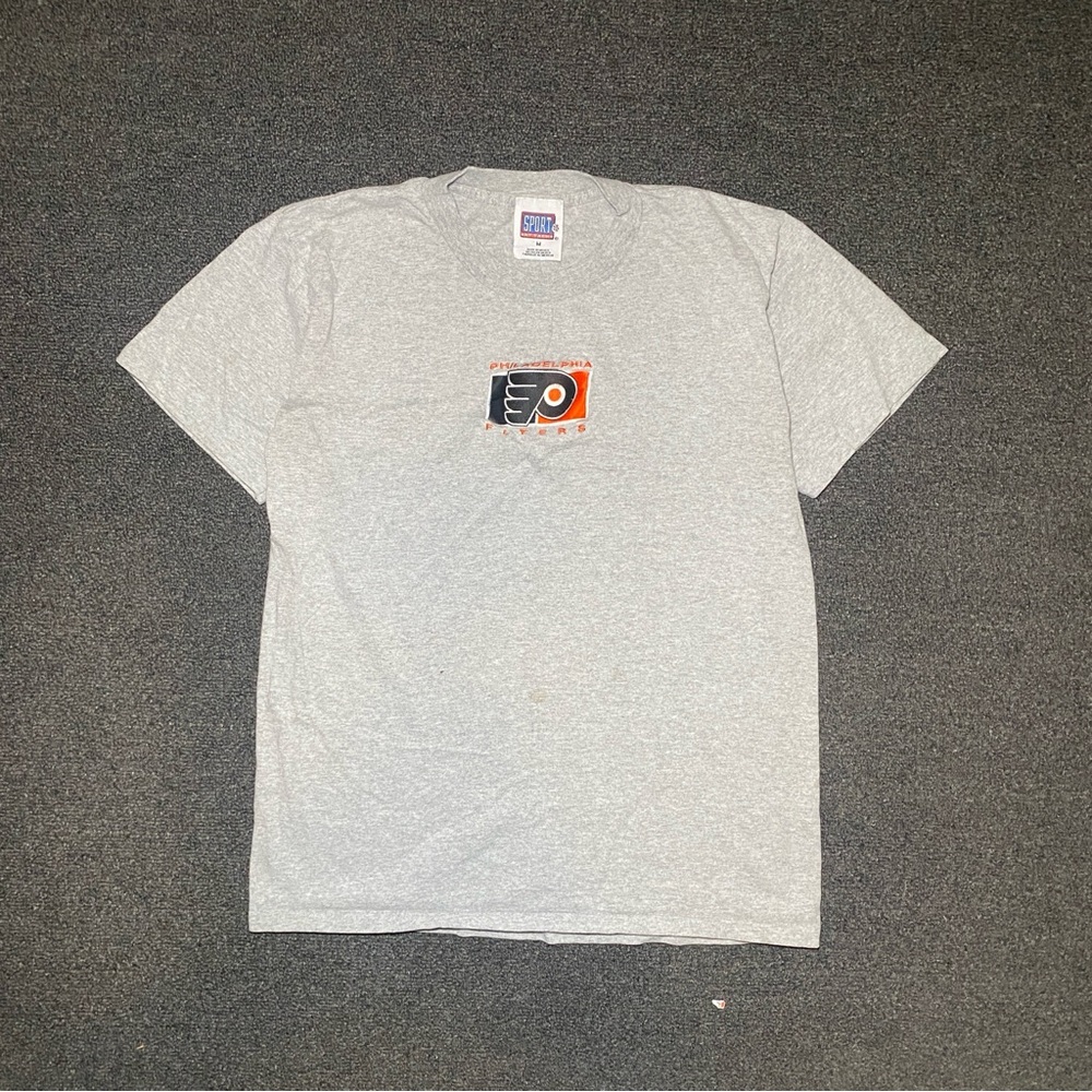 vintage philadelphia flyers embroidered logo nhl gray shirt size medium